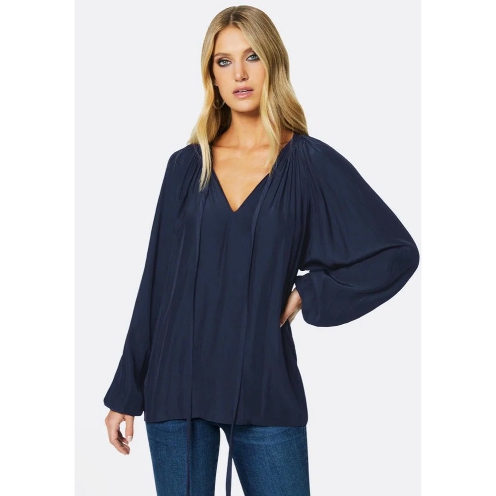 Ramy Brook Womens Navy Blue Pleated Draped Long Sleeve Blouse Top Small USA Made